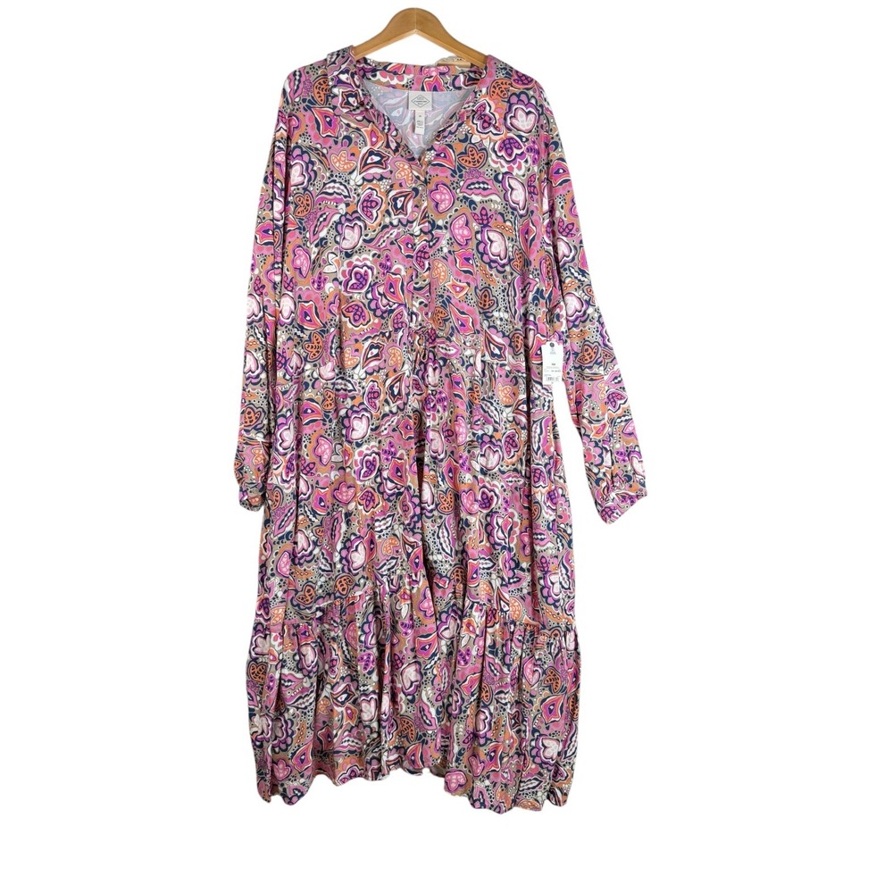 New St. John's Bay Floral Print Long Sleeve Midi A-line Dress size 3X Pink/Beige
